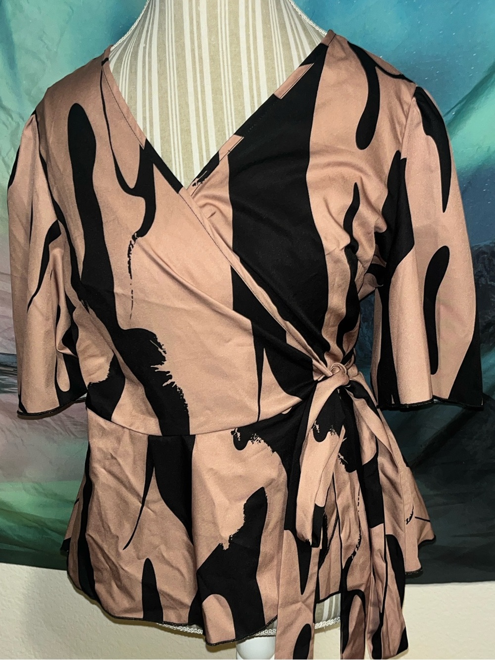 Women’s Wrap Blouse in Taupe and Black with Tie Waist